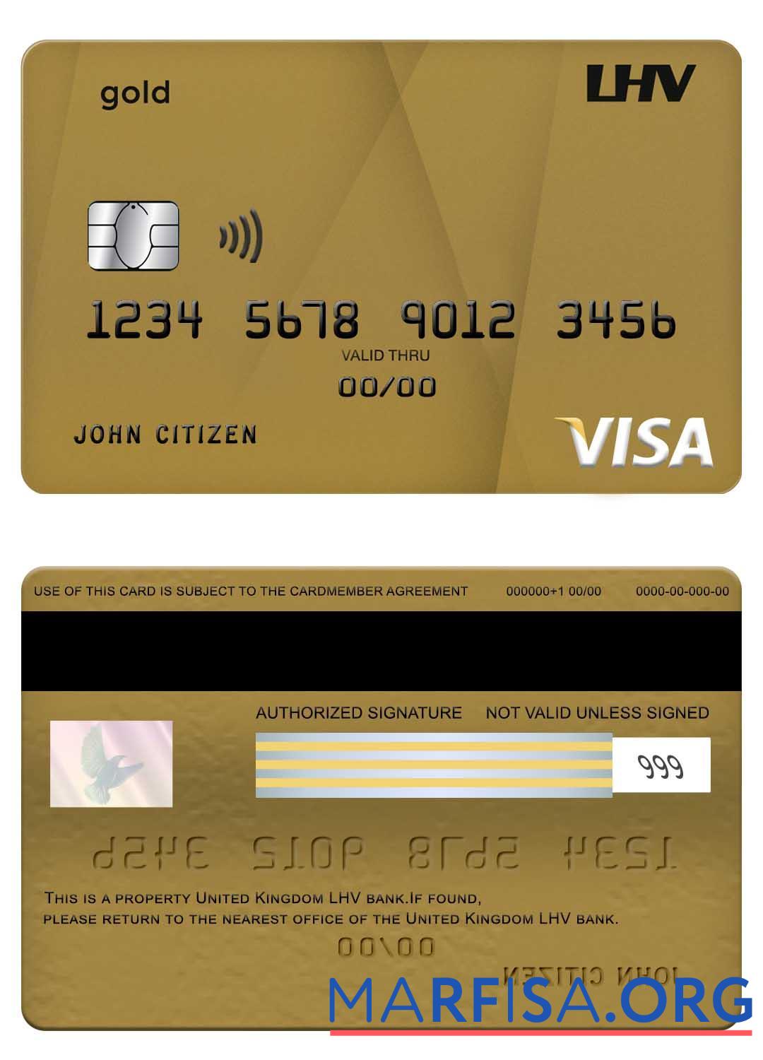 Downloadable United Kingdom LHV bank visa gold card download for verification